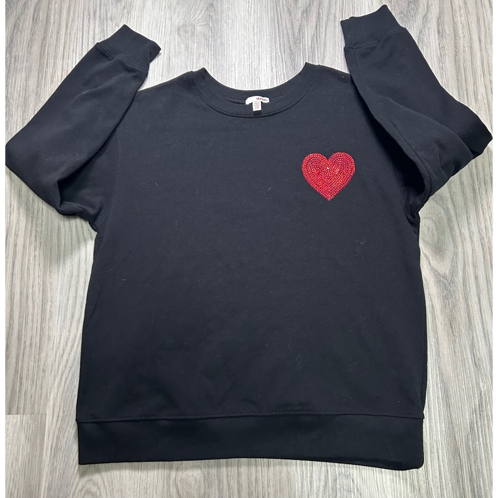Bongo Womens Black‎ Crewneck Sweatshirt Red Sequin Heart Size Large L Pullover